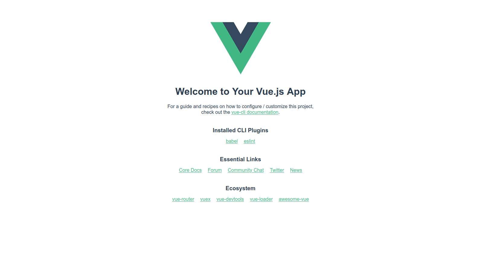 Page d'accueil de nouveau projet Vue3: liens vers documentation Vue3, eslint, babel, vue-router, vuex, vue-devtools, vue-loader et awesome-vue